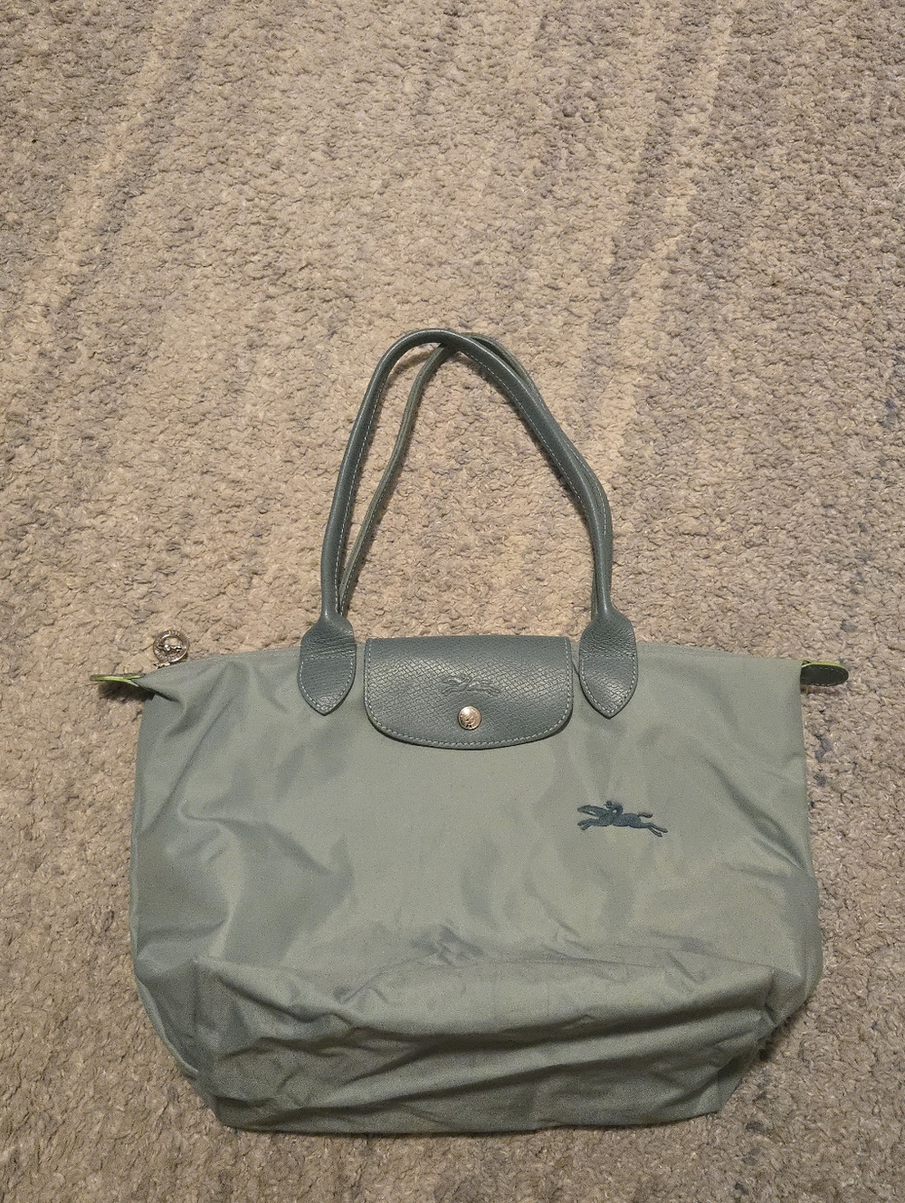 Longchamp Le Pliage Club Medium Shoulder Tote Bag Blue Mist Neon Green Trim